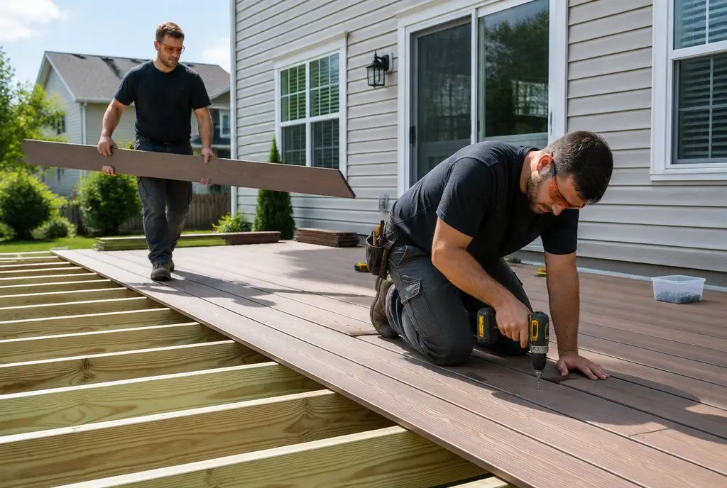 Deck builders installing composite deck boards on a new Pennsylvania deck