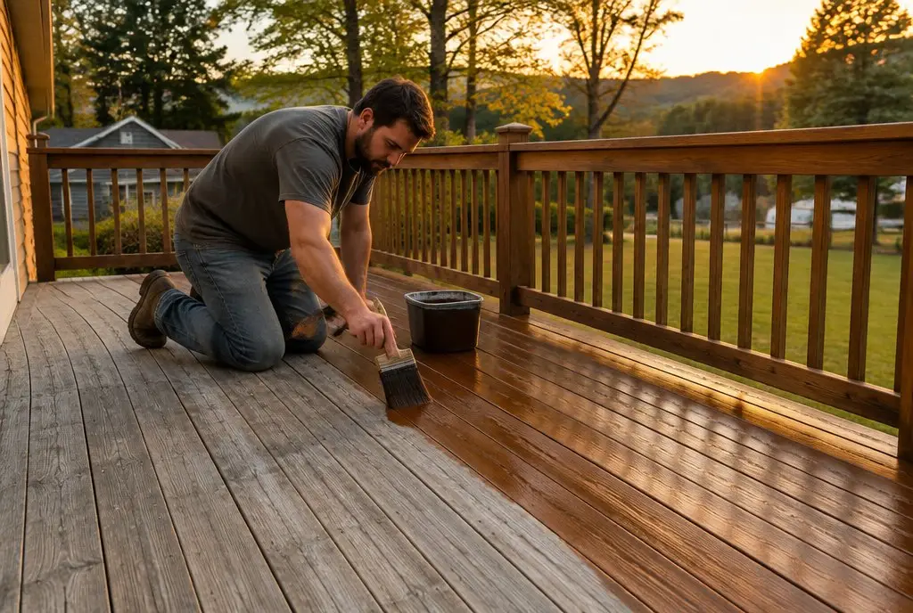 Worker repairing and staining a wood deck in southwestern PA