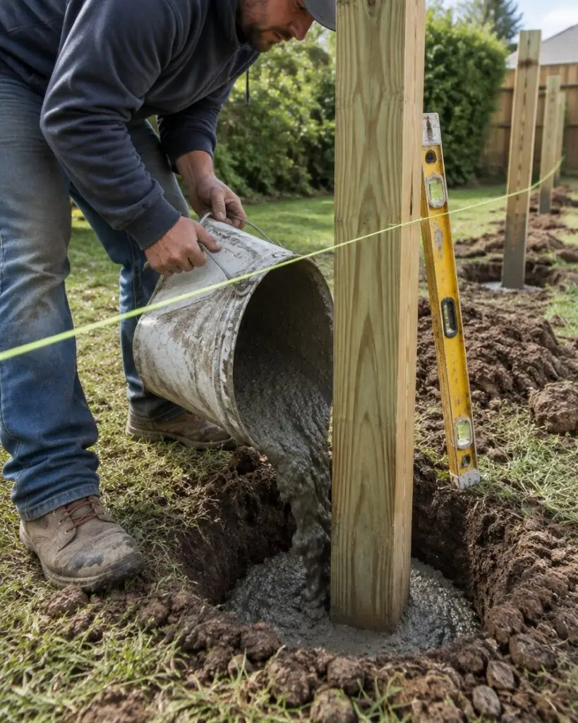 Fence installer setting a wood fence post in concrete