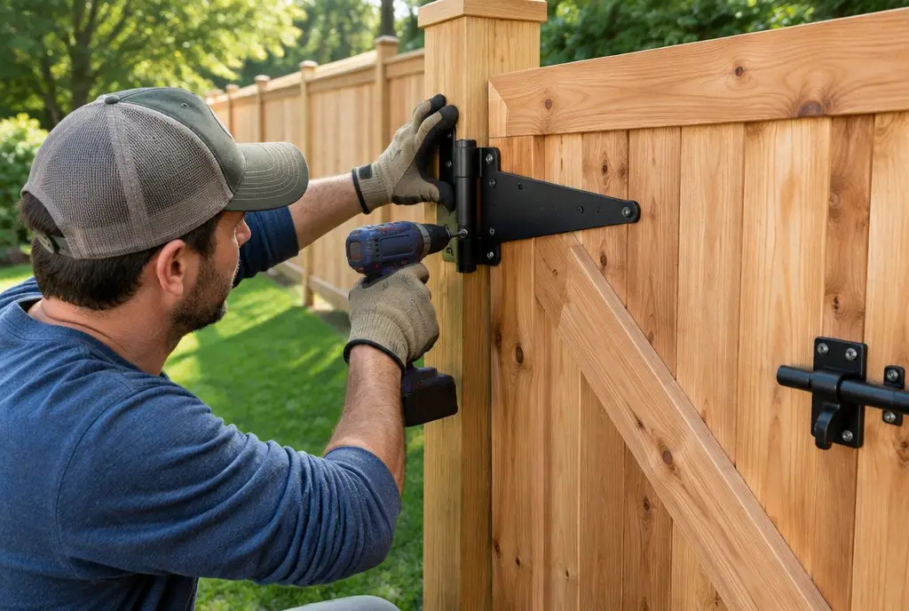 Contractor installing hinges on a new cedar fence gate