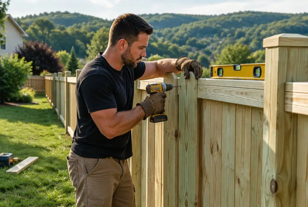 Fence contractor installing a wood privacy fence in a southwestern Pennsylvania backyard